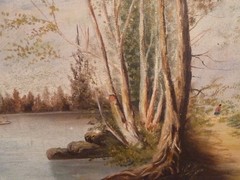 Antique 19th C Landscape with Lake Boat Country Lane with Figure Trees 17 X 24″