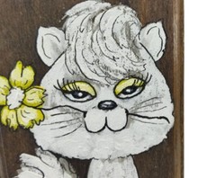 VTG Gloria De Biasi Cat Painting On Wood Wall Decor Yellow Flowers Signed