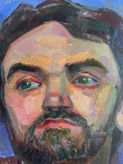 Young Man Dark Hair Beard Green Eyes Contemporary Realism Impressionism Signed