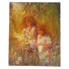 „Sisters…Picking Flowers“ By Anthony Sidoni 1997 Signed Oil on Canvas 10″x8″