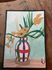 ACEO watercolor art by PJ, art card 2.5 x 3.5: vase of flowers.