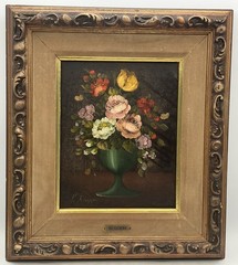 Vtg L. Ruggeri Floral Oil Painting Green Vase Framed Turner Mfg Chicago 8×10