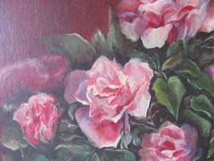 Framed Vintage Roses Oil Painting, Dark Moody Shabby Chic Floral Still Life.