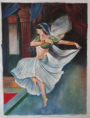 Realistic Art Painting Of Dancing Lady Art Watercolor On Silk Cloth 22×27 Inches