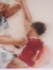 Original Vincent George Basketball Players Watercolor 13.25”W 16 3/8”T Framed
