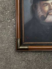 Vintage Nautical Oil Canvas Painting Sea Captain Portrait Pipe Signed Lee Young