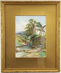 HARRY STICKS ORIGINAL SIGNED ANTIQUE WATERCOLOUR LANDSCAPE SIGNED COTTAGE STREAM