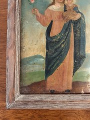 19th Century Retablo Religious Art Mexican Oil on Tin Painting Holy Family