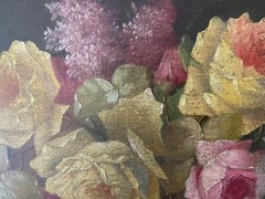 Large Old Italian Antique Barbola Floral Roses Bouquet Bowl Vintage Oil Painting