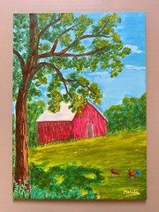 Red Barn ORIGINAL Painting Farm Chicken Barn Country Life Art 5×7 in