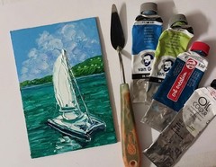 Framed White Sailboat Calm Sea Green Seascape 4×6” Impasto Oil Painting Original