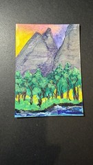 ACEO Original, mountain, trees, & brook painting, watercolor by Dot & PattyEwing