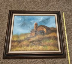 Vintage Large Everett Woodson Oil On Canvas Barn Scene Framed Signed