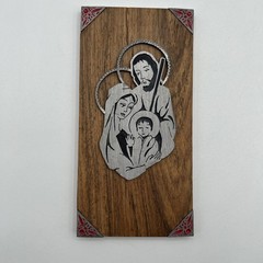 Vintage Peltro Cesellato A Mano Wood & Pewter Holy Family Wall Plaque Italy