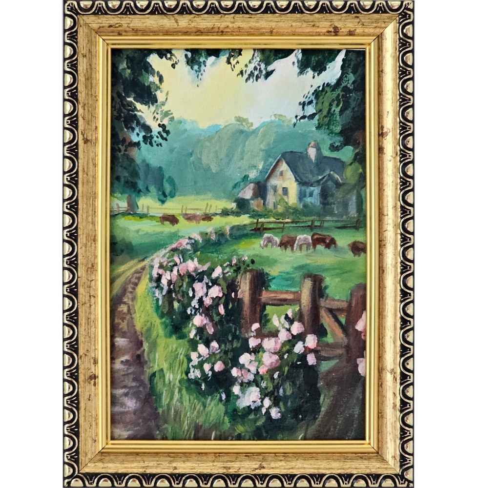 Original Oil Painting Country Cottage Landscape 4×6 Framed Farmhouse Art