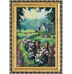 Original Oil Painting Country Cottage Landscape 4×6 Framed Farmhouse Art