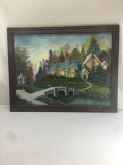 Colorful Original Riverside Cottage Oil Painting 21 x 27 by Rogers