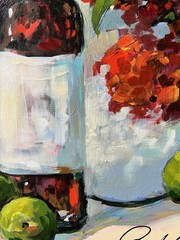 12×16 Original Painting Of Wine Bottle And Red Flowers And Limes Signed
