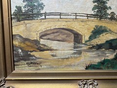 Mathews 1953 „Landscape With Stone Bridge Scene“ Oil Painting -Signed And Framed