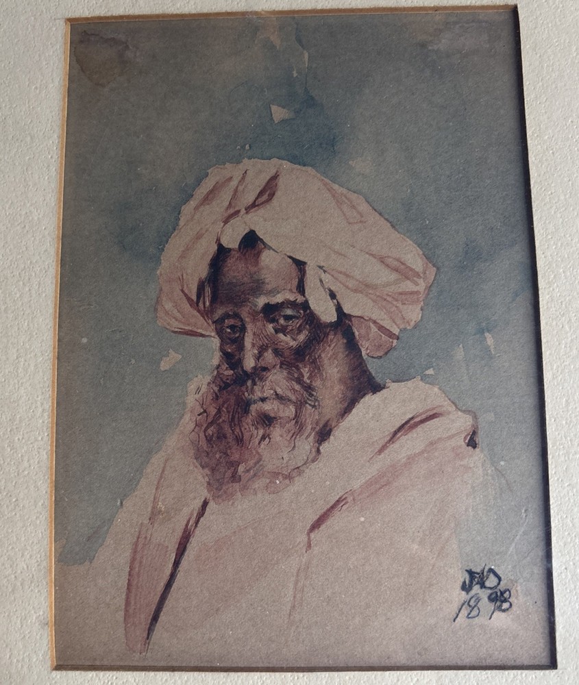 Antique 1898 Arab Man Portrait Watercolor Illegible Signed Mystery Artist