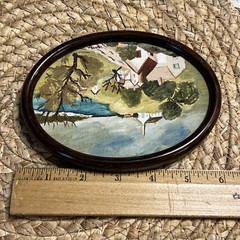 Vintage Small Painting Oval Miniature Landscape Coastal Country Town 6” x 4.5”