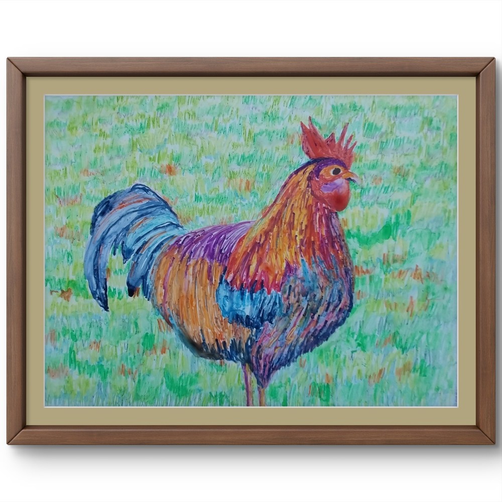 Rooster Modern Colorful Art Farm 9×12 Watercolor Pastel PaintingYupo Paper BACH
