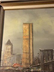 World Trade Center Towers Brooklyn Bridge signed Giacomo, Oil Canvas Wood VTG
