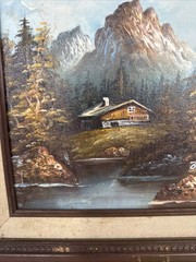 Vintage Mountain Oil Painting On Canvas Artist Signed Eugene Wood Cabin River