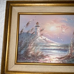 Vintage SEASCAPE sand dunes ocean oil Painting original hand painted lighthouse