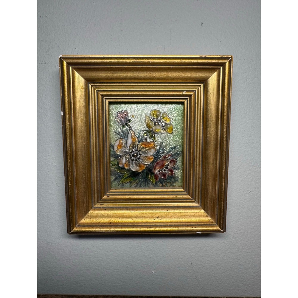 Vintage Enamel on Copper Signed Rene “R.” Bonhomme Gilded Framed Painting 4.5×5
