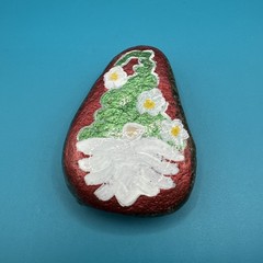 Hand Painted Rock Art Green And Red White Flower Gnome Sports Colors Rock Gift