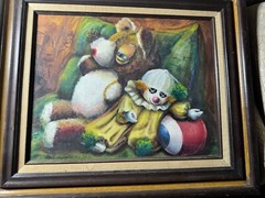 Vintage „Still Life With Dolls Scene“ Oil Painting – Signed And Framed