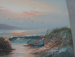 Seascape Shoreline Oil Painting Two Boats on Canvas 24×20 signed by H. Gailey