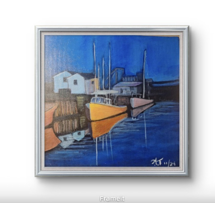 Original Impressionist 8×8 Sailboat Harbor Acrylic Panel Painting Signed Blue
