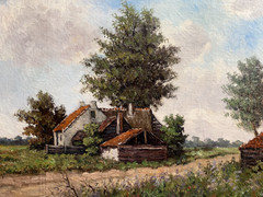 Oil painting farm estate rural antique illegible signed farm field