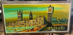 Vintage Mid-Century Modern Lighted Big Ben Painting By Carlo