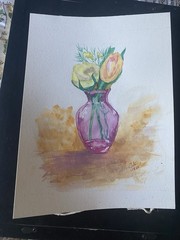 Original Painting 8×10″ Flowers Bouquet Watercolor Glass Vase Tulips Floral