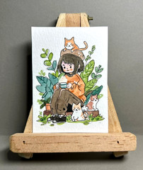Original Watercolor ACEO OOAK Art Painting Girl Cats Houseplants Kawaii Anime