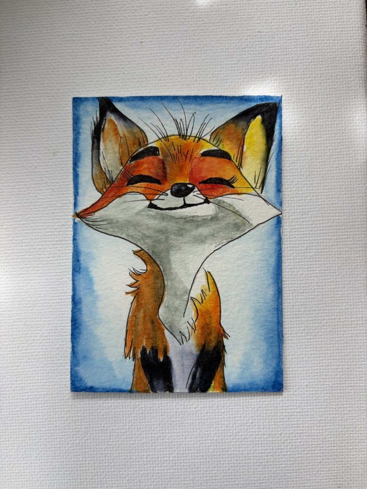 ACEO Art Card Original, Watercolor Fox Whimiscal