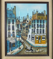 P. Jannsen Art Watercolor Street Scene France Cobblestone Framed 15×18