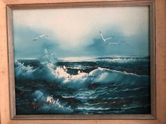 Old Vintage Original „Choppy Ocean?“ Artist Signed Oil Painting Double Framed