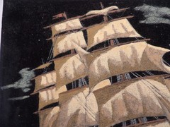 Ship at Sunset Velvet Oil Painting 11 3/4″ x15 3/4″