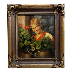 Antique Art Neveau Portrait of Woman and Flowers Oil on Canvas Painting