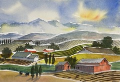 Original Pamela Wilhelm Watercolor Hills Farm Barn Mountain Fields Primitive