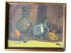 Vintage Oil Painting Still Life Pewter Pitcher Bottle Fruit Signed 1964 Framed