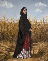 Original Oil Painting Middle Eastern Woman Standing in Wheat Field Signed