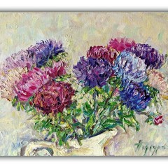 Textured Floral Oil Painting Asters Bouquet Impasto Canvas Art 16x12in
