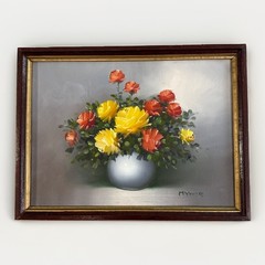 Vintage Floral Oil Painting Original Signed Rose Still Life 10.5×14 Canvas 1960s