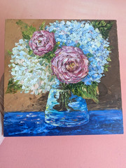 ORIGINAL Painting OIL impasto “ Hydrangea & ROSES in VASE“ 8″x8″ by Olga Diduh
