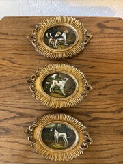3 Miniature Dog Paintings In Antique Gold Carved Wood Frames, Spaniel, Foxhounds